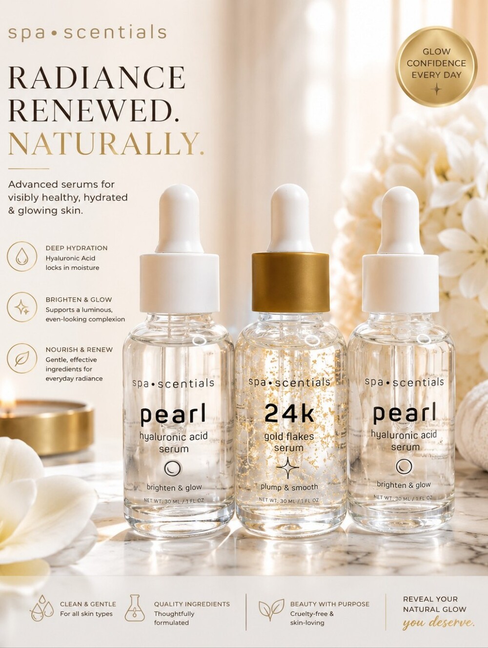 LIMITED EDITION SPA•SCENTIALS 24 K & PEARL FACIAL SERUM TREATMENT DUO 3-PIECES